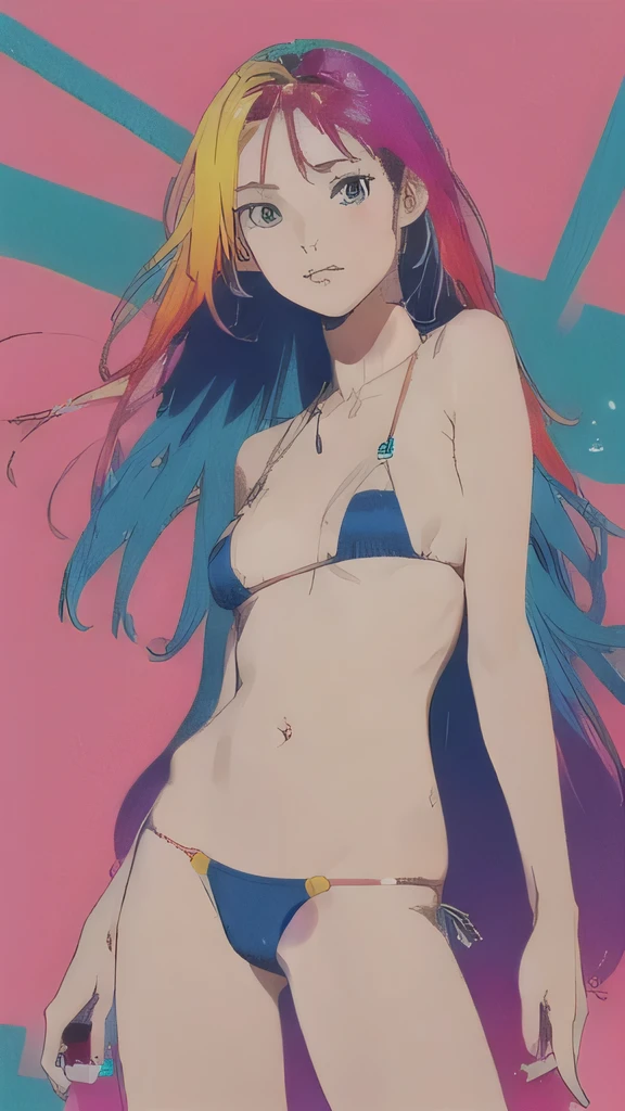 (masterpiece, best quality), (flat color),(colorful),looking at viewer,1girl,micro bikini,slim body,nice breasts,solo,floating colorful water,(2d)