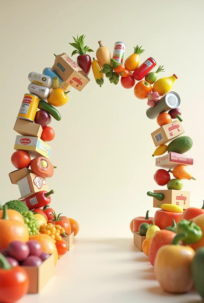 I want an image of supermarket products floating in the air in an arc shape