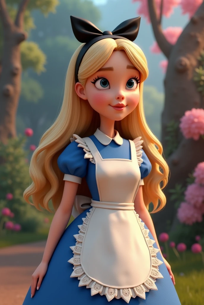 Alice from Wonderland with blue dress and white apron and black hair bow, With long, light blonde hair. realistic 3d pixar