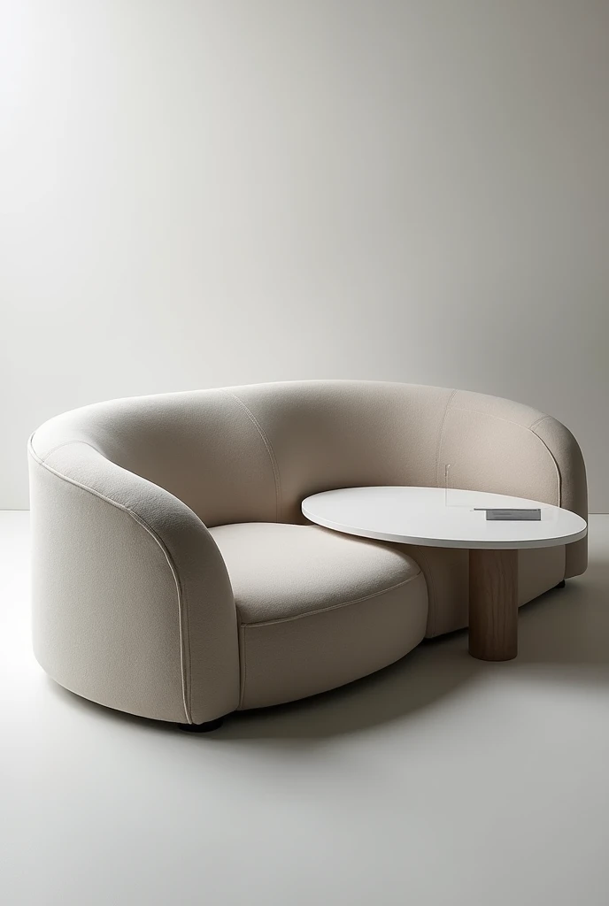 A modern two-person sofa , futurist whose motto is the encounter ,in modules ,curved shapes, with integrated table 
