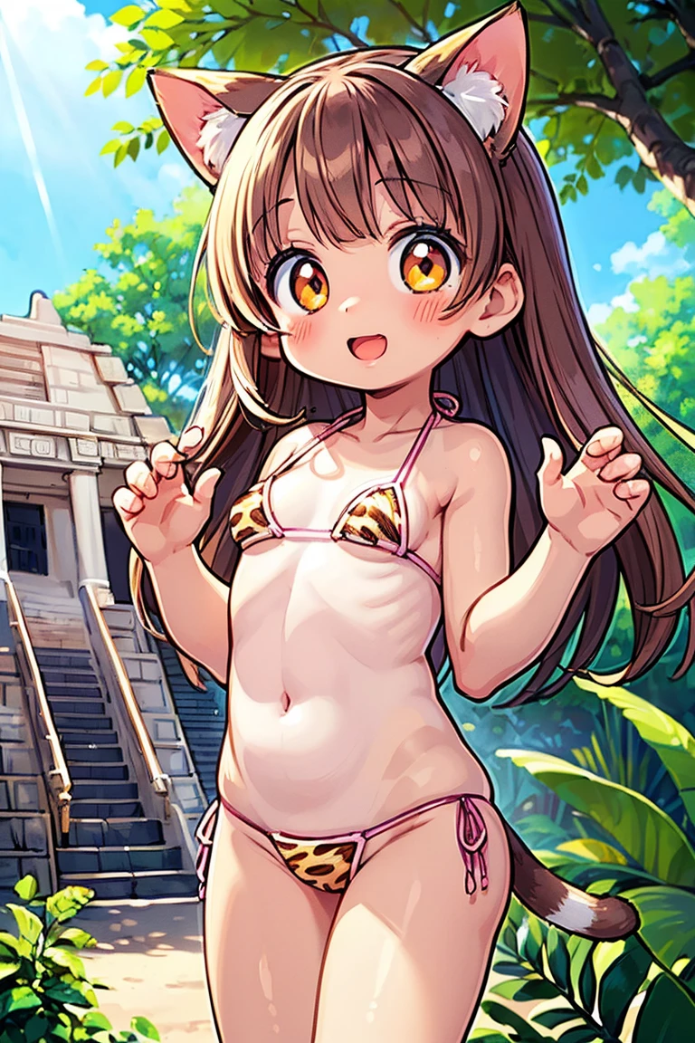 Beautiful illustration, best quality, cute girl, ((Mayan building surrounded by foliage at background)), ((Standing)), pastel color, natural tones, ((Brown hair)), ((Cat ears)), ((Tanlines)), ((Cute girl)), ((Looking at viewer)), ((Athletic body)), ((Animal Print Bikini)), ((Open Mouth)), ((Happy)), (Blush), bright lighting, ((Big eyes)), ((Perfect hands))