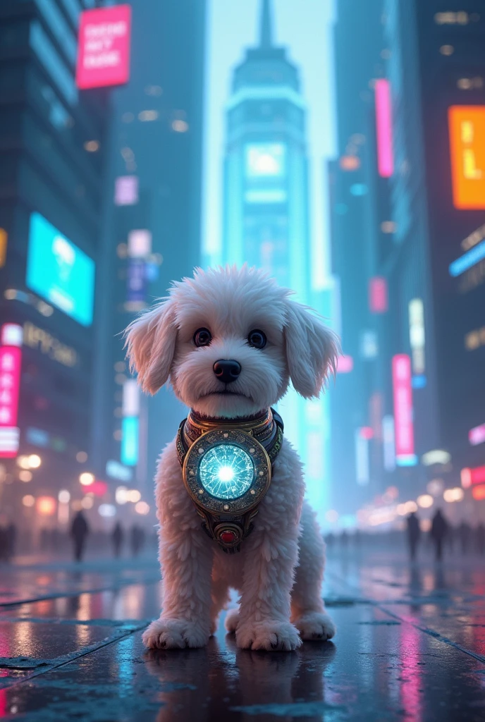 realistic dog, the white cockapoo, in the middle of a dazzling futuristic city. Tall glass and metal buildings rise in the background, illuminated by neon lights and floating holograms. Cooper is in the foreground, with its bright white fur contrasting with the city lights. He wears a technological necklace that emits a faint glow..On its paws, He holds an ancient device with a holographic screen that projects a glowing map. Around it, You can see details of the underground city and the adventure you are about to embark on..