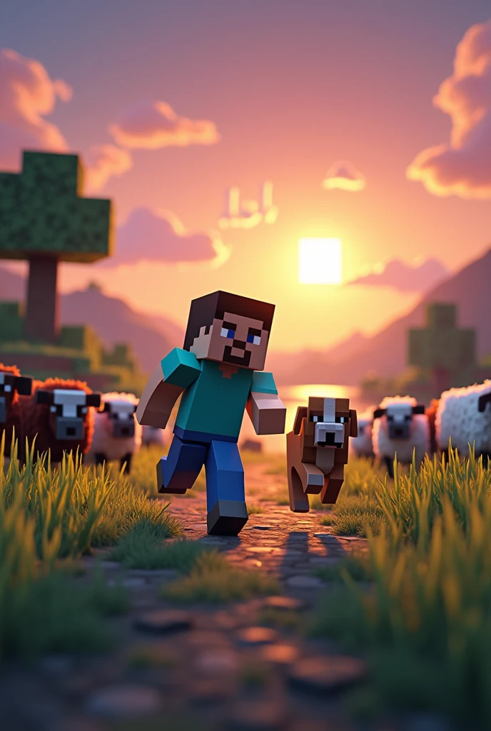 minecraft character, running outdoors with a dog at his side, while dusk is falling, cows and sheep at their sides, all in Minecraft style. and have a text above that says "lol"