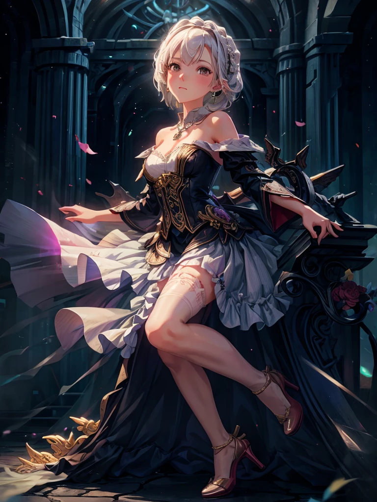 1girl, solo, Wedding dress, white hair, blushing, earrings, masterpiece, high heels, earrings, ribbons, bowe, stockings, neckless