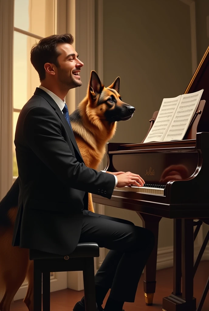 Man singing with German Shepherd,  They are both singing, next to a piano 