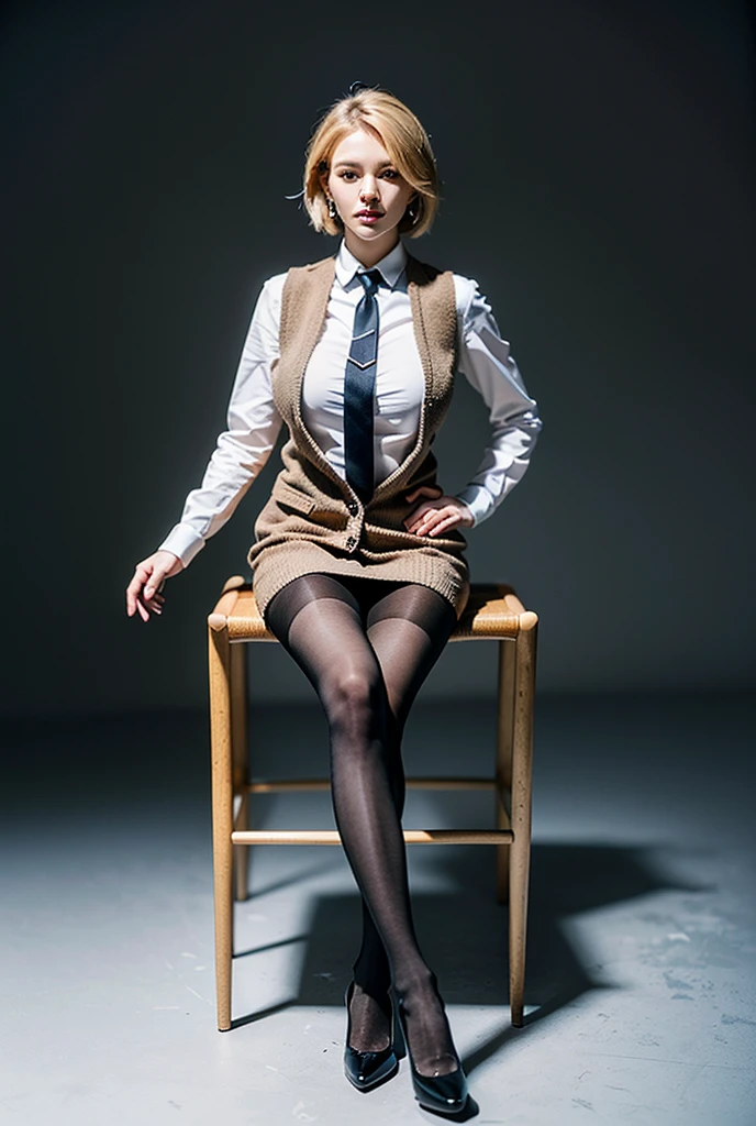 (RAW shooting, Photoreal:1.5, 8k, highest quality, masterpiece, ultra high resolution), perfect dynamic composition:1.2, Highly detailed skin and facial textures:1.2,(beautiful and aesthetic:1.2,Fair skin:1.2, full body:1.2,sitting:1.2,chair:1.2,legs together:1.2), (large breast:1.4), (perfect limbs:1.2), (perfect fingers:1.2),(caucasian,1girl,earrings,makeup, tall,standing,short blonde hair,(brown vest:1.2,white shirt:1.2,long sleeves,long necktie,fingerless gloves),(bottomless:1.2,pantyhose:1.2),(perfect thigh:1.2)),(simple background:1),