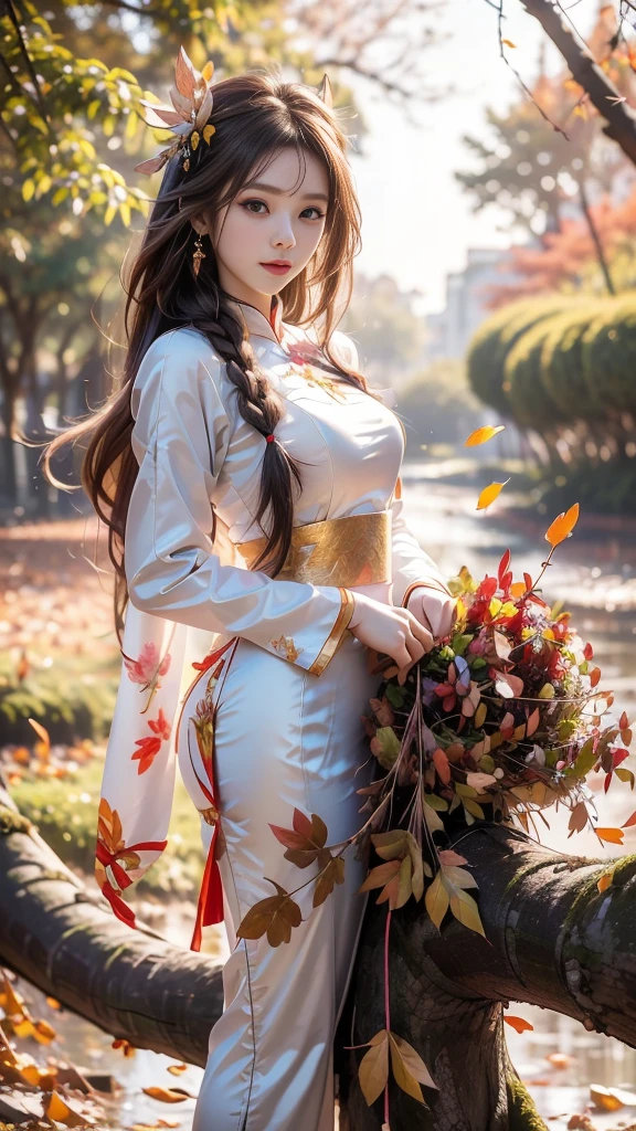 ulzzang-6500-v1.1, (RAW photo: 1.2), (Real photo), (Real photo: 1.4), 1 girl、Perfect ???????、1、Looking at the camera、Medium length hair、side braid, Vietnamese ao dai, walking under a tree with many fallen leaves, in the sunset, ((under a tree with many fallen leaves: 1.1))、(Business service)、Asian eyes Ella,
