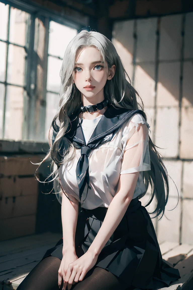 ((See-through)), (Sailor collar uniform), shirt, Pleated skirt, (Black Pantyhose), [:(Detailed face:1.2):0.2], RAW Photos, (masterpiece), (Highest quality), High resolution, (Realistic, photo-Realistic:1.2), Super detailed, Physically Based Rendering, One girl, Air Van, Long Hair, (Silver Hair), Wavy Hair, (Large Breasts),