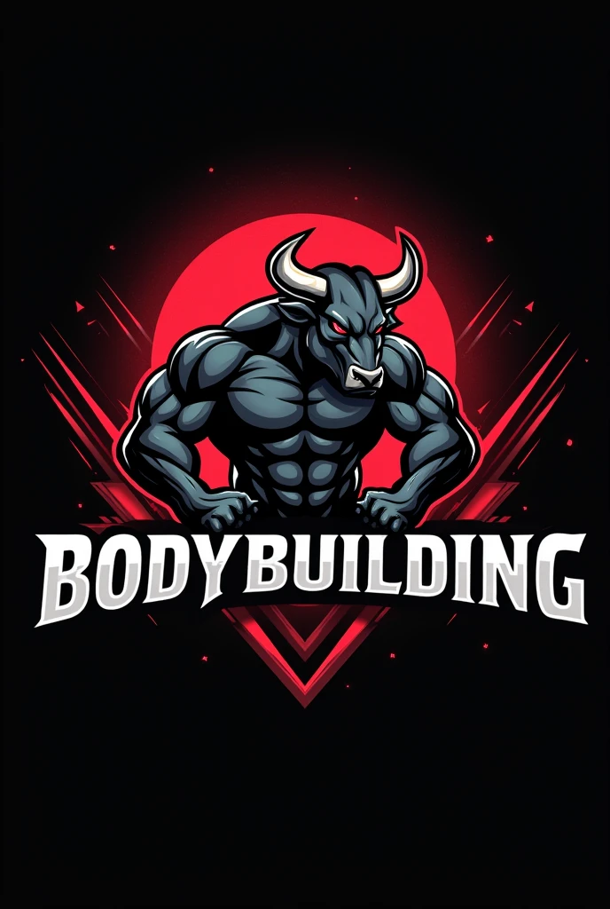 Design a powerful and dynamic logo for a bodybuilding brand featuring a strong, muscular bull as the central figure, symbolizing strength, power, and determination. The bull should have well-defined muscles, with a stance that conveys energy and dominance, embodying the essence of bodybuilding. Use sharp, angular lines to emphasize the bull's muscular build and add a sense of intensity. Incorporate bold, dark tones like black, deep red, or metallic gray to create a fierce and commanding presence. The logo should include the word 'BODYBUILDING' in a bold, modern font that complements the aggressive and energetic vibe of the design.
