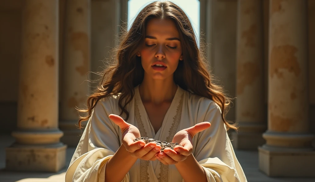 In the heart of an ancient villa, a woman hold ten coins . Her expression is one of reverence and contemplation, adding a sense of mystery to the scene. This high-resolution painting captures the moment with exquisite realism, showcasing the woman's flowing robes and ethereal beauty. The composition is in biblical symbolism, inviting viewers to ponder the significance of the event. Ensure that the image depicts the thematic concept of lost coin story and is visually appealing and eye-catching. hyper detailed, dynamic color , wearing a tunic, super emotional image, Great quality and realistic image, the epic scene, hiper realistic, blockbuster, high detailed, , 4K photography, 50mm f/1.8 lens, high details, high face details, high hands details, perfect hands, soft illumination, high quality, natural light, stunning blockbuster background, dynamic angle
