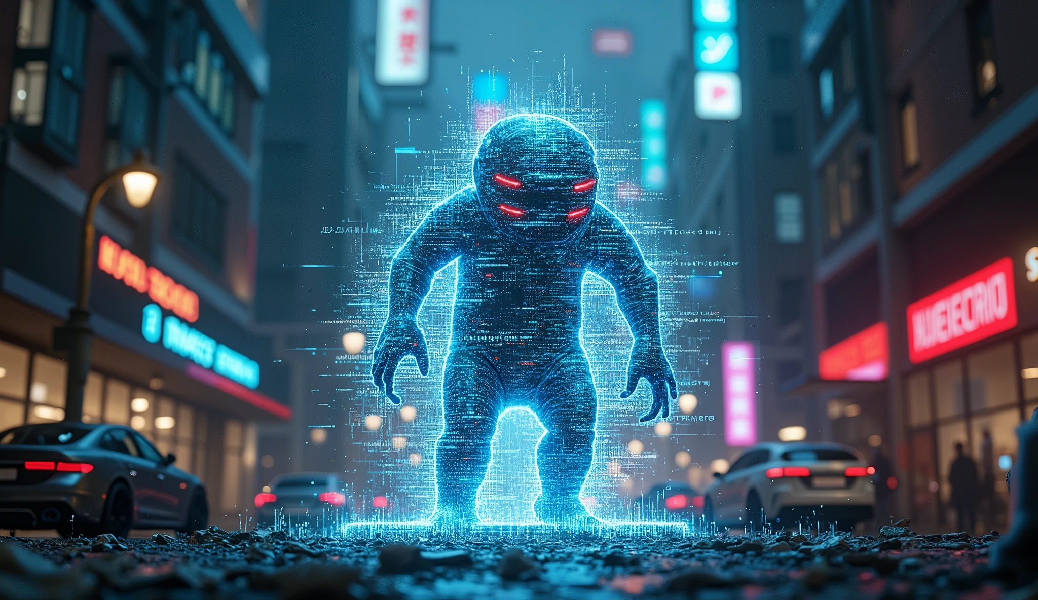 (Glitch Art), holographic WiFi virus attached