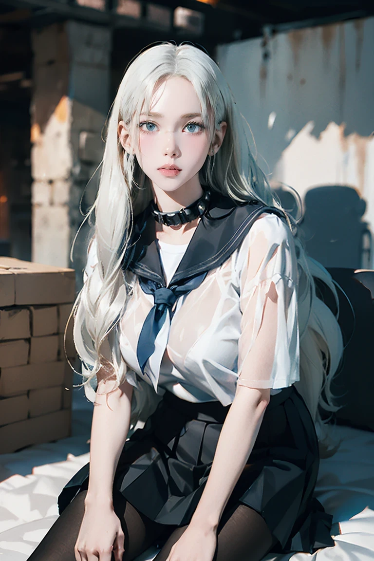 ((See-through)), (Sailor collar uniform), shirt, Pleated skirt, (Black Pantyhose), [:(Detailed face:1.2):0.2], RAW Photos, (masterpiece), (Highest quality), High resolution, (Realistic, photo-Realistic:1.2), Super detailed, Physically Based Rendering, One girl, Air Van, Long Hair, (Silver Hair), Wavy Hair, (Large Breasts),
