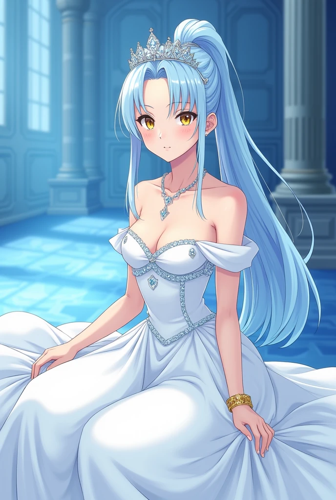 An anime-style medium shot of a hot cute girl with a long ponytail and light blue hair. She is wearing a white princess sleeve dress with a shoulderless top. She has a diamond crown on her head and a diamond necklace around her neck. She is also wearing a golden bracelet on her wrist. The girl is sitting in a bed in a castle. The background is blue. Full skirt white colour