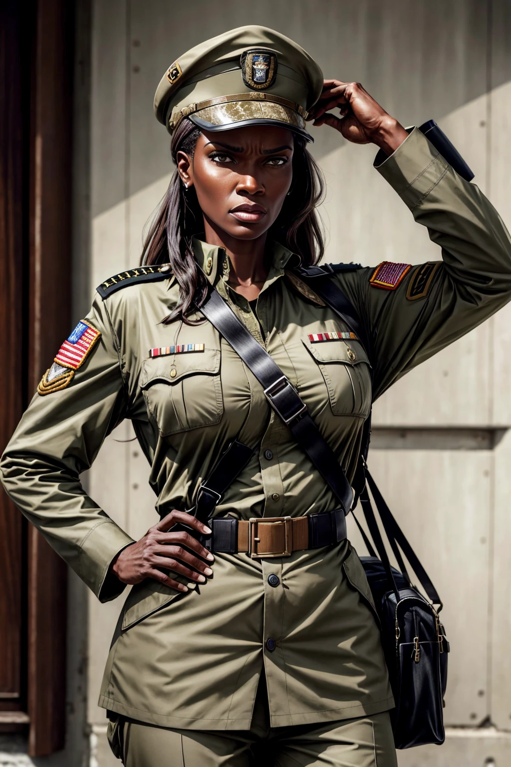 photo of iza woman, dressed as a US Army general {military uniform and hat}, on alert, looking angrily at the spectator, in a headquarters