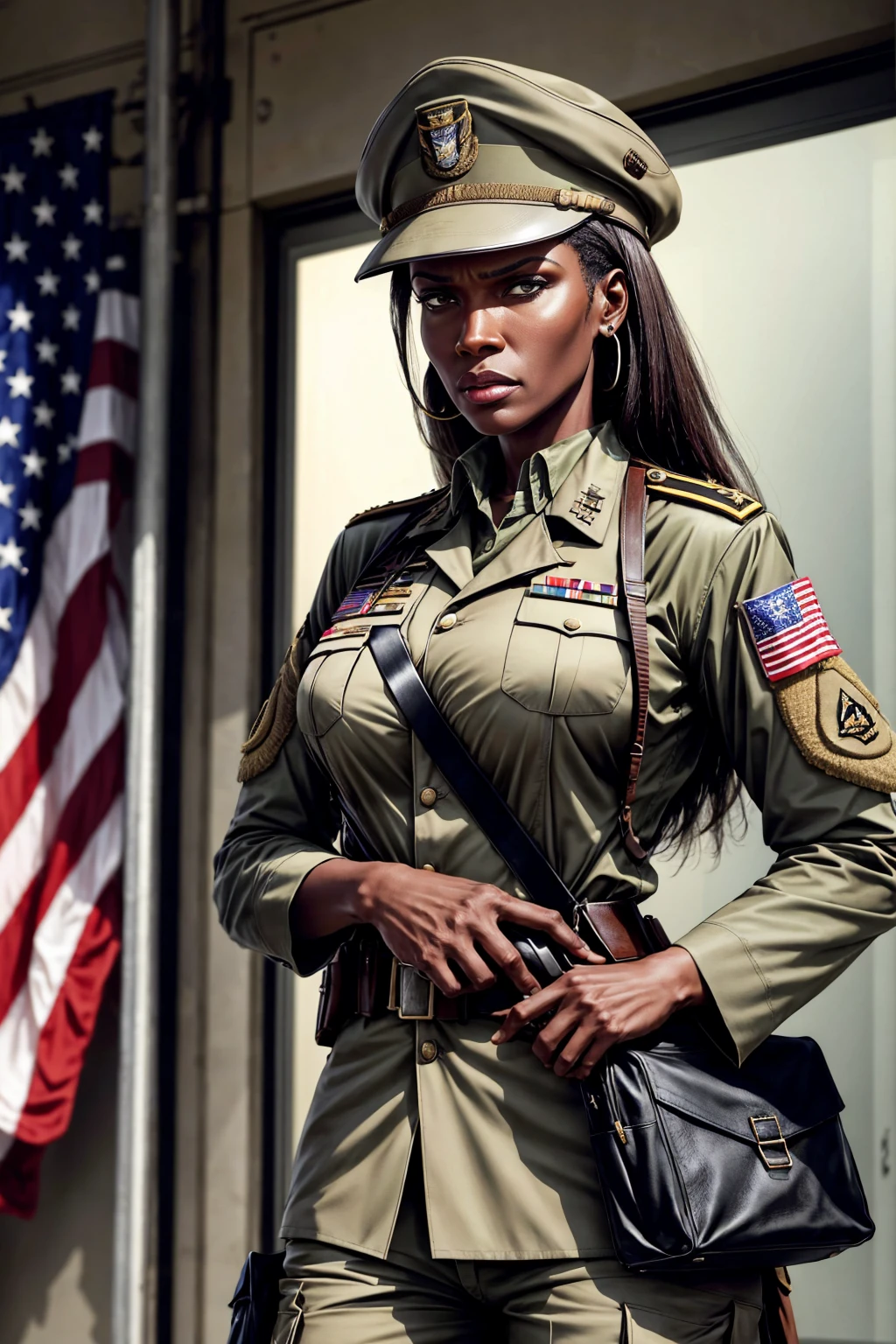 photo of iza woman, dressed as a US Army general {military uniform and hat}, on alert, looking angrily at the spectator, in a headquarters