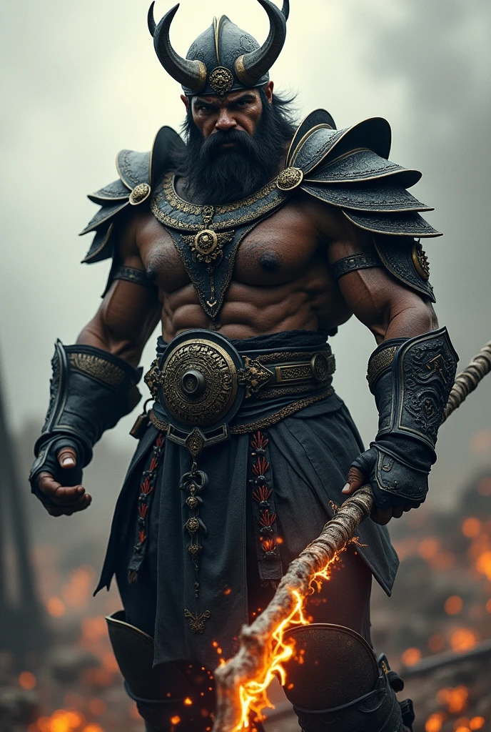 Muscled Gatotkaca photography with a bushy mustache, 2, wearing a black armor and war crown helmet, bring thunder weapon