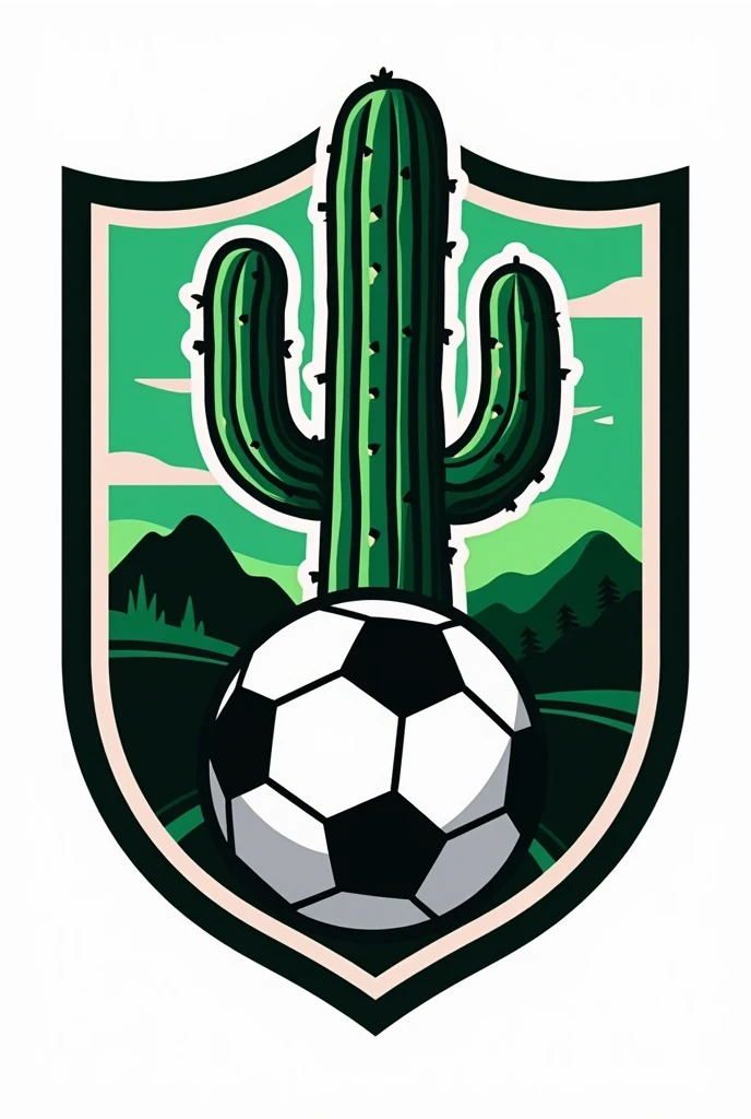 Green and white soccer team crest, black and pink with a ball in the middle, a cactus and a mesquite