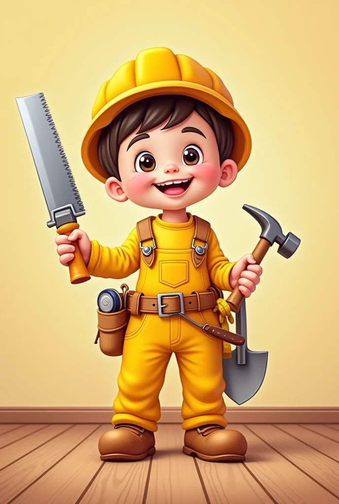 I want a picture of a child drawn in cartoon style. The child must wear yellow overalls and a cap of the same color.. In one hand you should hold a saw and in the other a hammer., In addition to having a shovel and a measuring tape attached to the belt. The child must be smiling, and must be standing on a wooden floor. And a single color background