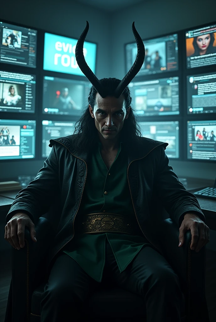 Loki, the god of deception, portrayed as a manipulator of the digital age, orchestrating chaos and confusion through social media. The image could show Loki sitting in a dark room, surrounded by screens displaying Twitter threads, Instagram posts, and viral memes, all with their signature clever and dangerous humor, while the digital world around him distorts under his influence.