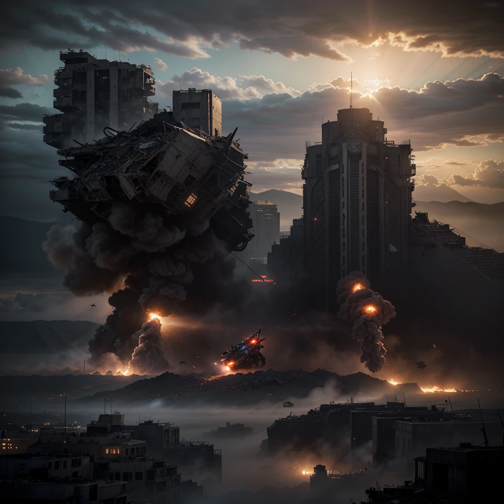 a massive monster fighting a child, the chosen one with scarlett powers, helping the military to evacuate civilians, hyper realistic, unreal engine, highly detailed, 8k, cinematic lighting, fantasy, dark, dramatic, epic scale, intense action, volumetric fog, realistic textures, impactful, powerful, dramatic, cinematic composition, intense colors, extreme detail, photorealistic, cinematic camera angle, gripping, awe-inspiring, skilled digital artist, digital painting, matte painting, concept art, dramatic pose, intense battle, heroic, powerful scarlett abilities, civilians fleeing, military trucks, explosions, rubble, destruction, dark clouds, stormy sky
