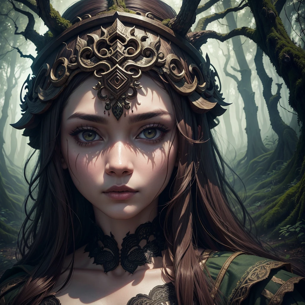 a mythical forest, masterpiece, perfect face, intricate details, horror theme, raw photo, photo unp minlan1, landscape, scenery