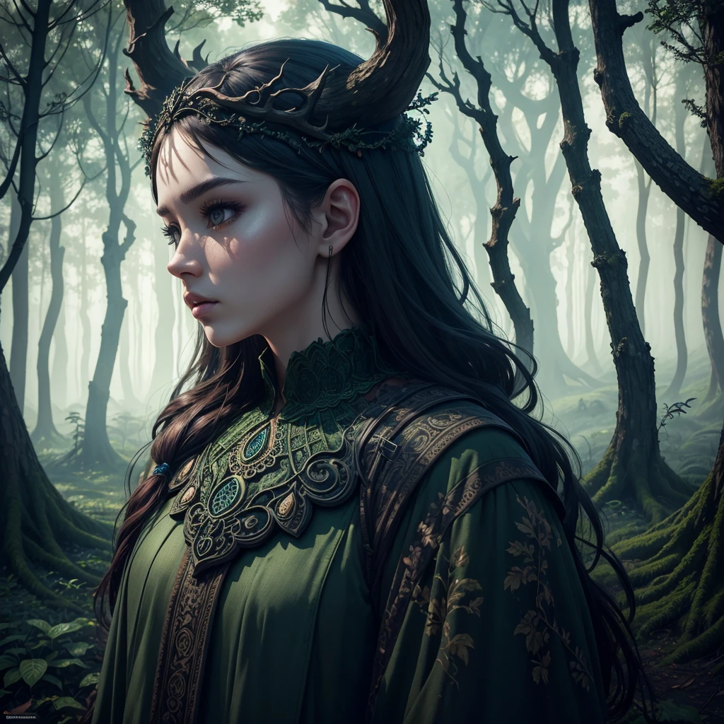a mythical forest, masterpiece, perfect face, intricate details, horror theme, raw photo, photo unp minlan1, landscape, scenery