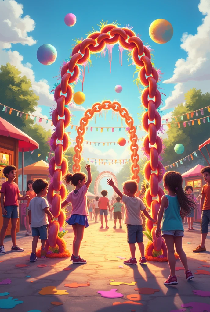 At the festival venue, colorful balloons are flying into the sky, children are playing happily, and an art installation using chains catches the eye. The large chain is decorated with colorful paint and reflects the light, making it shine like a rainbow. Children play around it, touching the chain art and taking pictures. In the background, food stalls and game corners are lined up, laughter and music echo, creating a bright atmosphere. Overall, the chains are enjoyed as a creative expression.