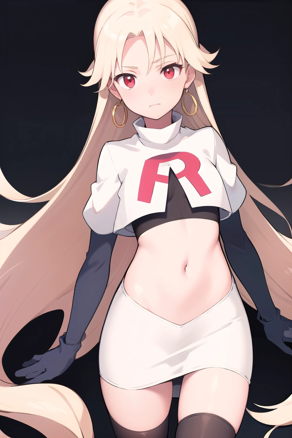 best quality, (masterpiece:1.2), illustration, absurdres,
(1girl, solo), (beautiful detailed girl), (cowboy shot),,
Roselia Millstein, blond hair, very long hair, red eyes, flat chest,
earrings, team rocket,team rocket uniform,white skirt,red letter R,crop top,black thigh-highs,black elbow gloves,