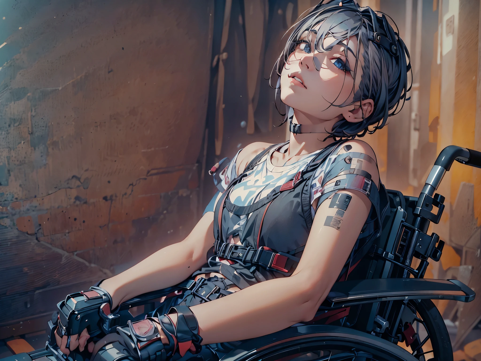 a 24 year old disabled woman in a reclining electric wheelchair, lying down, glaring, hair covering her eyes, heavy makeup, very short hair, silver hair, black camisole,shorts,piercing,loose socks, lace up boots,Chains,plastic arm brace, plastic leg brace, knee pad, elbow pad, (best quality,4k,8k,highres,masterpiece:1.2),ultra-detailed,(realistic,photorealistic,photo-realistic:1.37),HDR,UHD,studio lighting,ultra-fine painting,sharp focus,physically-based rendering,extreme detail description,professional,vivid colors,bokeh,portrait