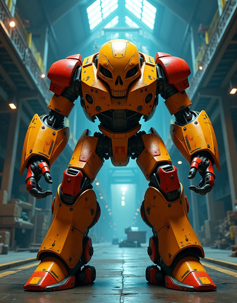 a 3D animation inspired by Pixar's coloration, A combat robot made of iron, composed of large skull shaped head that has two arms, two legs. Predominantly gold with some red acents, it look fierce and in a combat stance, the robot is large and located in a spacious warehouse with dark blue interior, close-up view