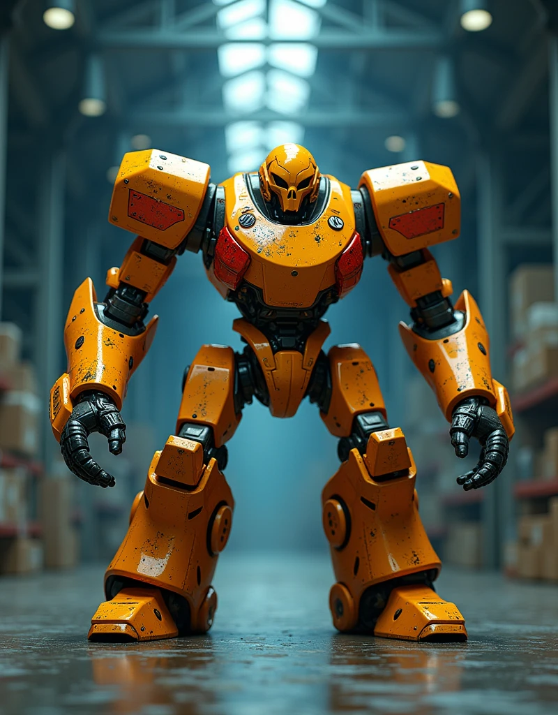 a 3D animation inspired by Pixar's coloration, A combat robot made of iron, composed of large skull shaped head that has two arms, two legs. Predominantly gold with some red acents, it look fierce and in a combat stance, the robot is large and located in a spacious warehouse with dark blue interior, close-up view