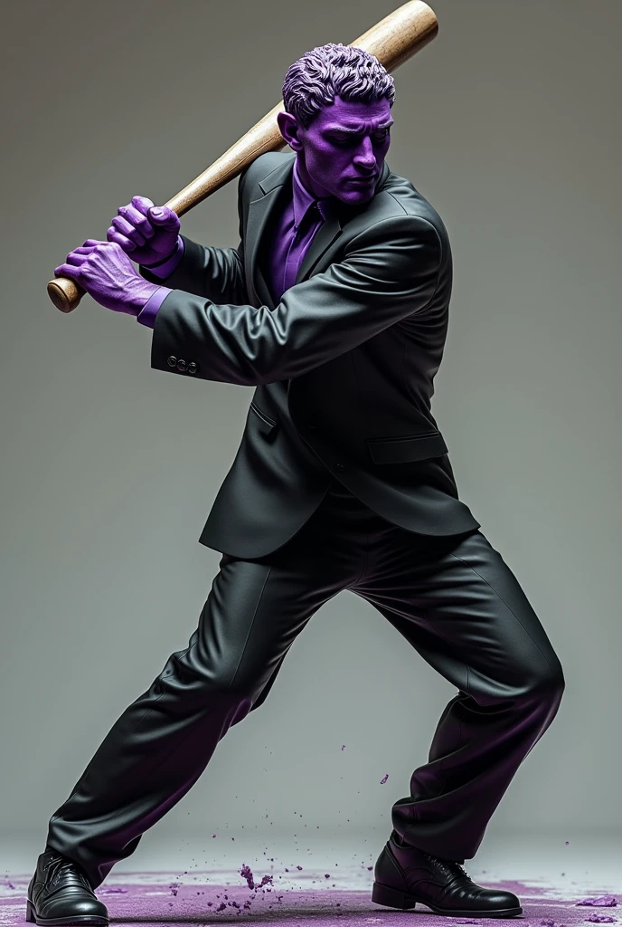 GREEK STATUE WITH A BLACK SUIT WITH PURPLE DETAILS HOLDING A BASEBALL BAT AND HITTING IT WITH THIS BAT BREAKING SOMETHING