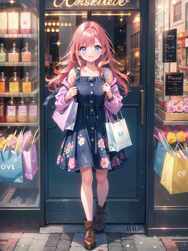 ((8k, Highest quality, masterpiece: 1.3)),Ultra-high resolution,(1 girl, alone), (Color changing eyes, Ultra-detailed, Expressive brilliance, Glitter, Glowing Eyes), Highly detailed eyes, Highly detailed face, Random Hair, ((pastel colour))A young girl with shoulder-length auburn hair, styled in loose waves, stands in front of a shop window, holding several shopping bags. She’s dressed in a trendy outfit—a denim jacket over a floral dress, paired with ankle boots. Her expression is one of excitement, her eyes wide and her lips parted in a delighted smile as she looks at the camera, as if she’s about to show off her new purchases. The background features a busy shopping street, with people walking by and other stores lining the sidewalk. The scene is vibrant, filled with the energy of a lively day out.