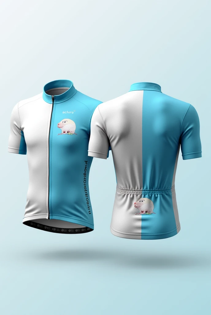 Design a cycling jersey with white and light blue colors, The image must contain the front and back view of the jersey and must contain a guinea pig logo on the back and an achira logo on the front.
