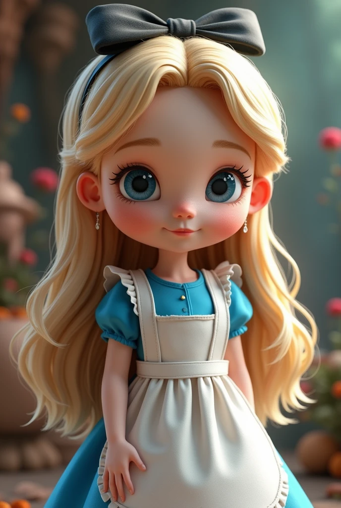 Alice from Wonderland  with blue dress and white apron and black hair bow, With long, light blonde hair. realistic 3d pixar