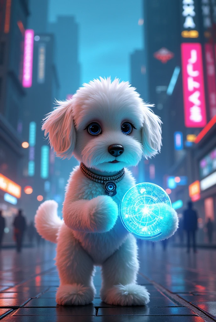 realistic dog, the white cockapoo, in the middle of a dazzling futuristic city. Tall glass and metal buildings rise in the background, illuminated by neon lights and floating holograms. Cooper is in the foreground, with its bright white fur contrasting with the city lights. He wears a technological necklace that emits a faint glow..On its paws, He holds an ancient device with a holographic screen that projects a glowing map. Around it, You can see details of the underground city and the adventure you are about to embark on..
