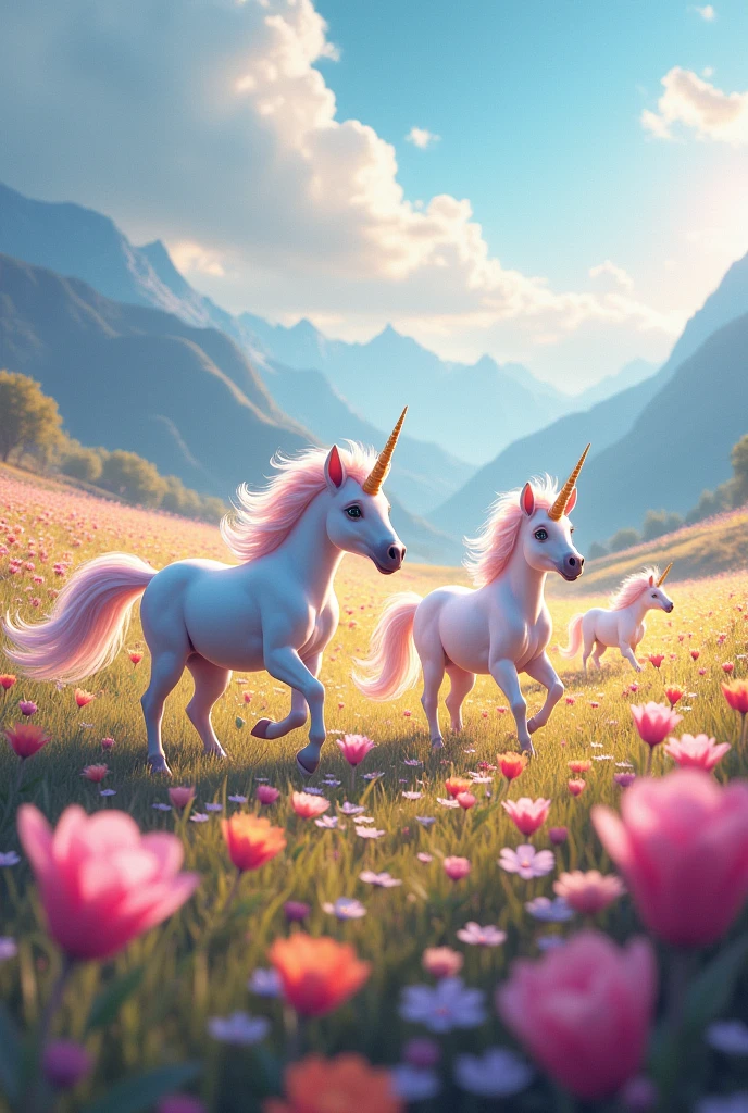 Super cute unicorns with a field full of flowers and a beautiful background never seen before