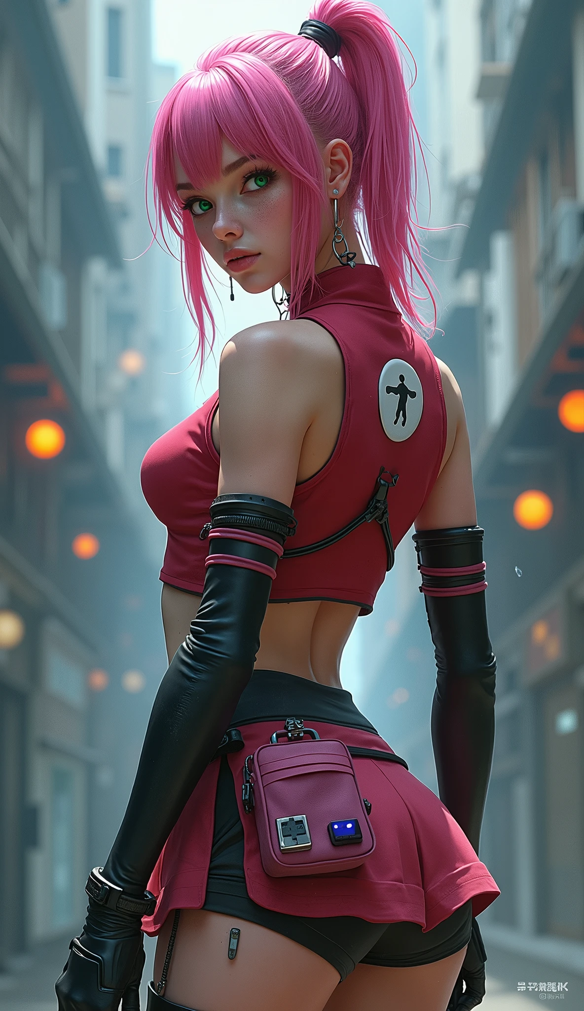 Ultra HD 8K digital painting, kunoichi, pink hair, emerald green eyes, red sleeveless top, high collar, zipper, white circular design on back, short pink skirt, black compression shorts, black gloves, black shinobi sandals, tied headband, short haircut, dark pink medical pouch on thigh, dynamic pose, dramatic lighting, tension, intense, ready for battle, highly detailed scene, cinematic.high quality, (RAW photo, best quality), (realistic, photorealistic: 1.4), (extremely delicate and beautiful: 1.4), amazing, fine details, masterpiece, ultra detailed, high resolution, best illustration, best shadow, intricate, ( extremely intricate: 1.2), (exquisitely detailed skin), cinematic light, perfect anatomy, (cool color: 1.4), sharp focus, 8k UHD, DSLR, (Fujifilm XT3),(iluminación cinematográfica :1.4), Mechanical vertebrae attached to the back, mechanical cervical attachment to the neck, alambres y cables que se conectan a la cabeza, Evangelion, small bright LED lamps