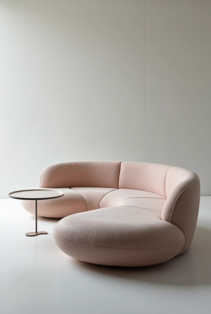 A modern two-person sofa , futurist whose motto is the encounter ,in modules ,curved shapes, with integrated table 
