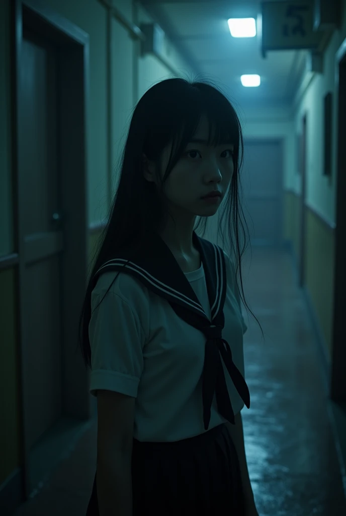20 years Korean school girl,in night time,in uniform, horror atmosphere,