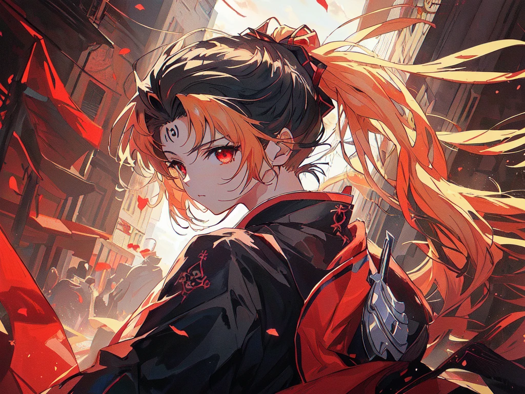 Long-haired red-eyed anime girl standing in front of a building, Anime style 4k, Demon Slayer Rui Fan Art, Bad guy anime 8k, Ghost Slayer Art Style, author：Yang J, From Ark of Tomorrow, official art works, Ayaka Genshin Impact, Anime style like fate/overnight, Anime Wallpaper4k, Anime Wallpaper4K, Anime Wallpaper