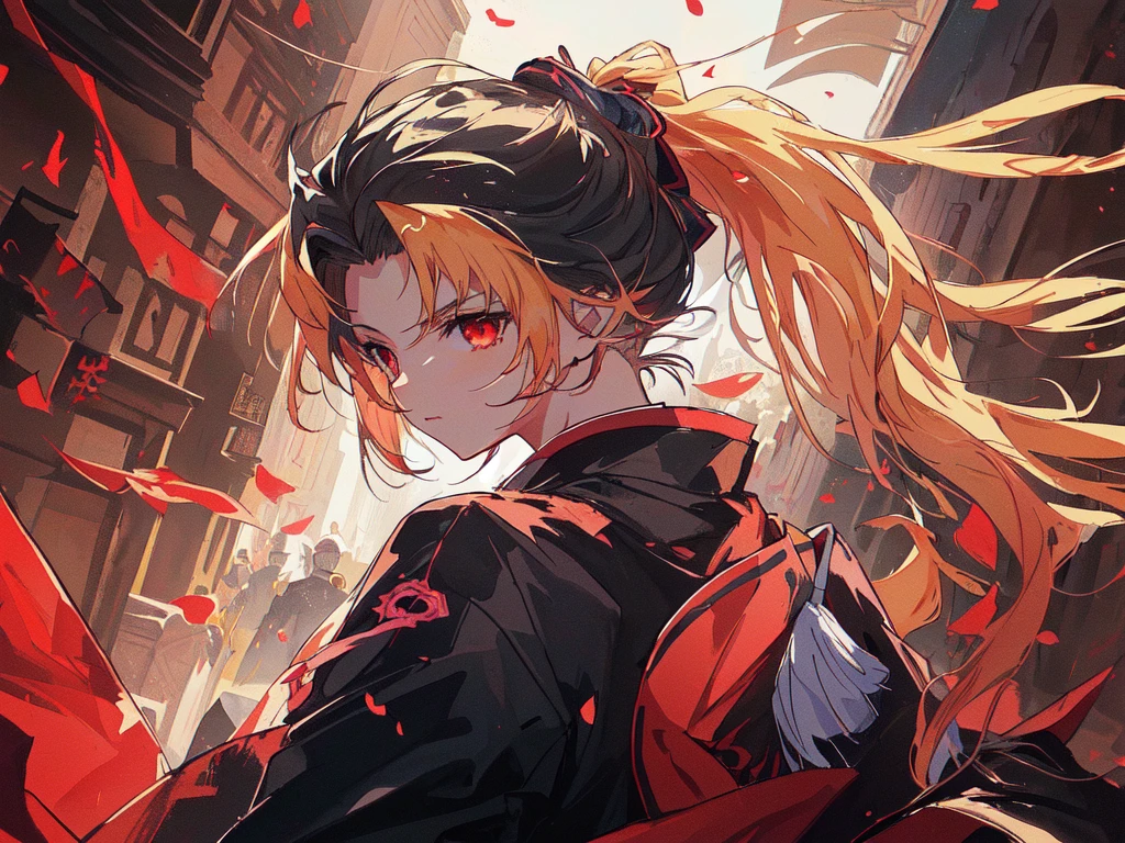 Long-haired red-eyed anime girl standing in front of a building, Anime style 4k, Demon Slayer Rui Fan Art, Bad guy anime 8k, Ghost Slayer Art Style, author：Yang J, From Ark of Tomorrow, official art works, Ayaka Genshin Impact, Anime style like fate/overnight, Anime Wallpaper4k, Anime Wallpaper4K, Anime Wallpaper