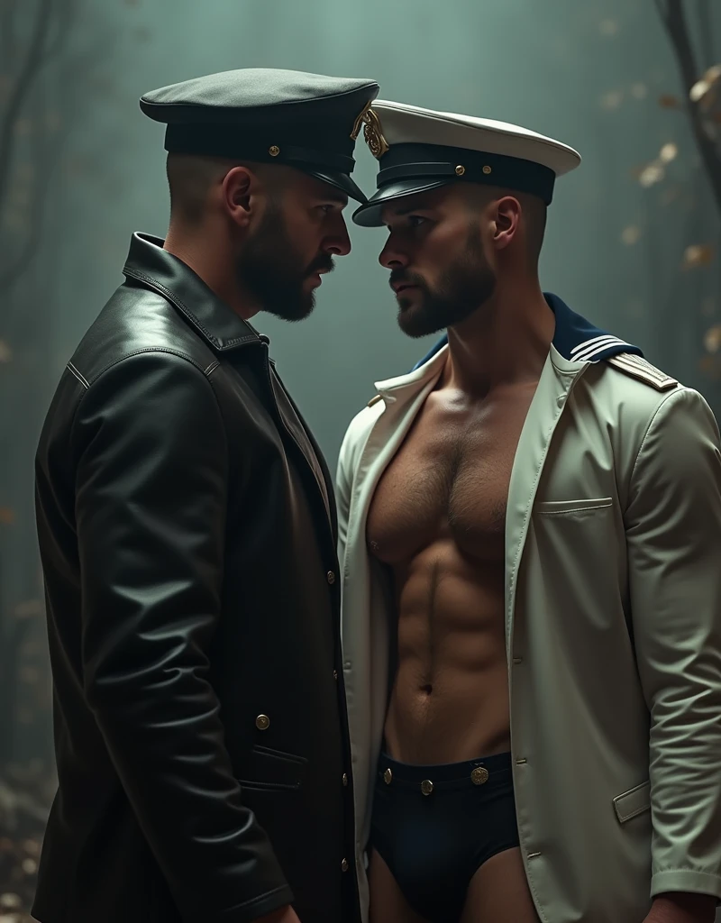 Two men! A mature man in leather and a naval soldier. Wearing a white sailor suit!,, gay art, Finnish style Tom, Finnish Tom, bearded sexy sailor suit triangle thongs, more details, background scattering 1.8 HD 8k real photos! Sex. Chest muscles! Chest hair! ((Monochrome)), ((grayscale)),tattoo. white hair Smoke, movie feeling! Movie lights! Award-winning poster