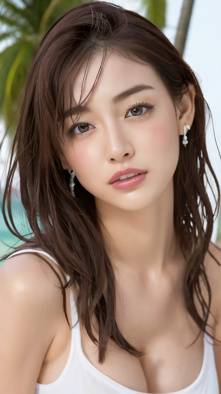 （Vibrant， High resolution：1.3）， 1. Get the perfect body，height１７０CM,Slender body、Large breasts High definition face and eyes，Long Hair，，Beach、(( parted lips ecstasy )) Wet、White cropped t-shirt 、String,,,Brown Skin、(erection of the nipple ) Have sunburn marks、;I&#39;m sweating a lot、、Full Body Shot、spread my legs、Sexy pose),
