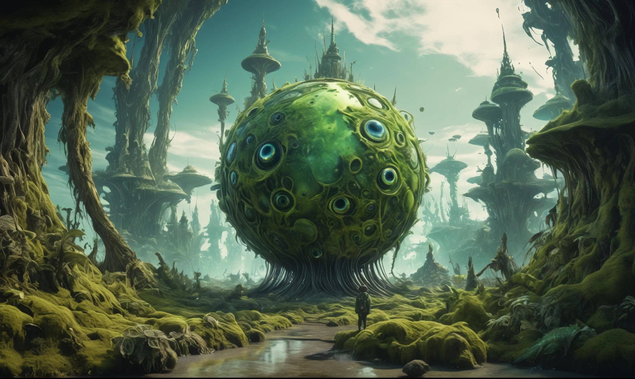 overgrown planet, green planet, Fractal World, A lush world of fantasy, fantasy planet, Dyson , planetary landscape, round planet inspired by Jofra Bosschart, planet, Future World, psychedelic Mysterious World,full body length shot,nerd graphite Alien Entity,native africa ,nowadays azctec central city,Cinematic,soft colors, Technicolor,natural skin textures, hyper realism, hyper detailed,Extremely detailed,High contrast,Masterpiece,Realistic,Ultra Detailed, intricate details,realistic humid leather,extremely intricate details,Epic Realistic, cinematic style, irina yermolova,high contrast,hdr,extremely detailed, landscape,masterpiece, intricate details, eyes extremely detailed, high detailed eyes,8k resolution,retina, Nikon Z9,Korea,goblin,Finland, Pisces, transition between two art styles,full body length, Double contact, X-ray, Creative, vivid light, fantasy, Abstract, Surrealism, super detailed, high resolution,insanity national folk wear,skin almost translucent, gothic elements, Mestichino,Light particles,chaos,starfish's leather, terror,(fish eyes, calaveras)