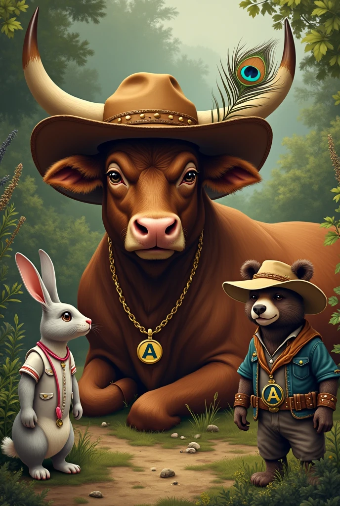 BROWN TEENAGE BULL LYING DOWN IN A COWBOY HAT WITH A PEACOCK FEATHER, black eyes, IN A LANDSCAPE OF HERBS, WITH A GOLD NECKLACE WITH THE INITIAL AND THE PENDANT WITH THE INITIAL A , realist , warm colors, by Greg Rutkowski, by Alphonse Mucha.
TEENAGE female type rabbit GREY COLOR standing WITH NURSE SUIT, A pink stethoscope hung around his neck, eyes light brown, IN A LANDSCAPE OF HERBS, Disney , warm colors, by Greg Rutkowski, by Alphonse Mucha.
Next to the rabbit is a brown bear with light eyes., with cowboy clothes and hat. With a belt with the initial A.