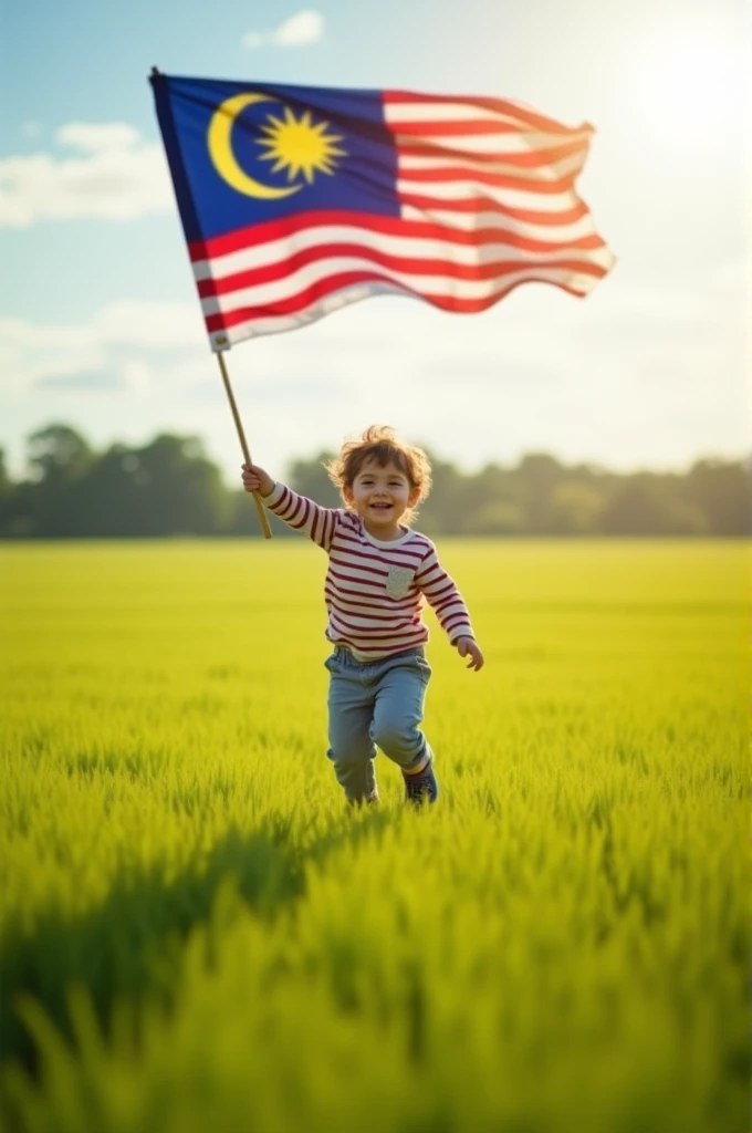 4. **A child dashing through a wide open field, the Malaysian flag fluttering in the wind, symbolizing the joy of National Day.**
5. **A little child running freely in a sunlit field, joyfully waving the Malaysian flag, with a National Day theme.**