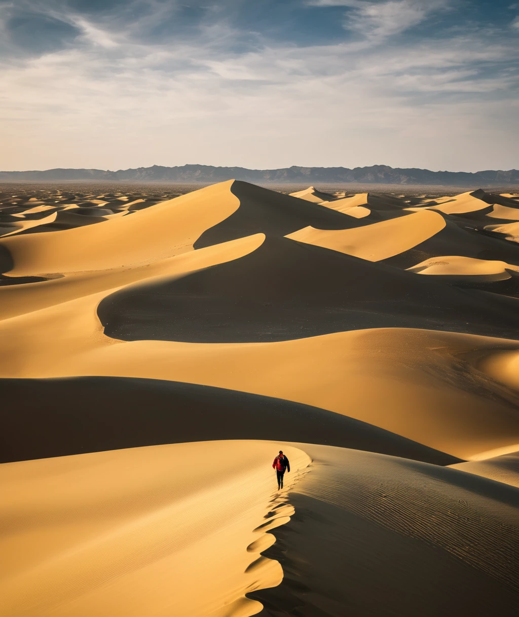 （8k，Flawless image quality，superior：1.0），Super Fine，Professional photography，Flawless image quality，10K HD，Stunning graphics，A  traveler walks in the endless desert，The setting sun stretched his shadow very long，The curves of the sand dunes form a magnificent picture。

