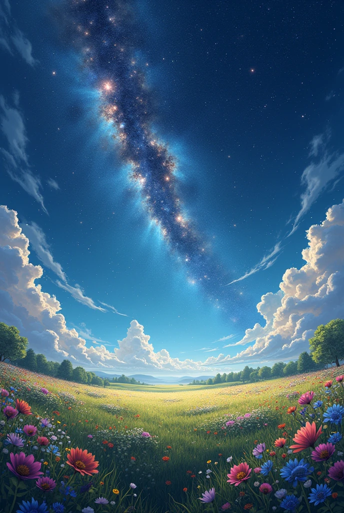 a landscape of a flowery field with the sky full of stars and nebulae
