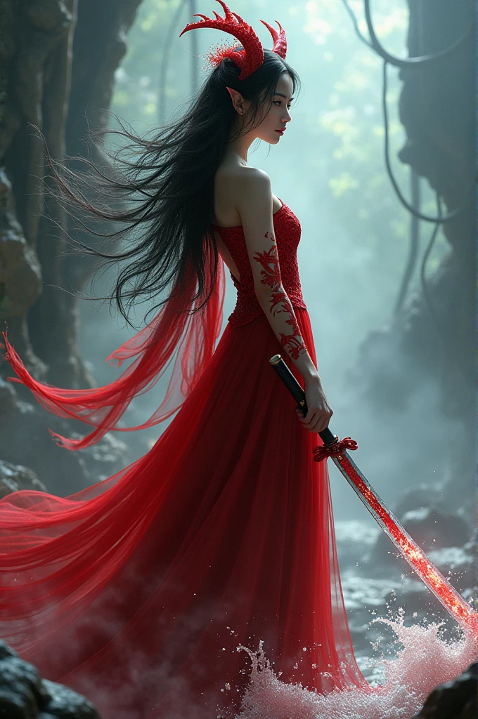 Demon girl in red dress with a water katana